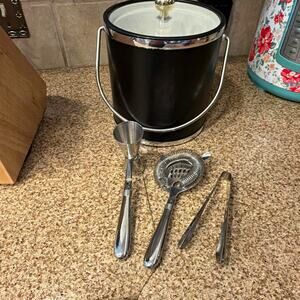 Ice Bucket w/ Lid & Handle + Oneida Bar Tools Set. Kraftware Elegance Black